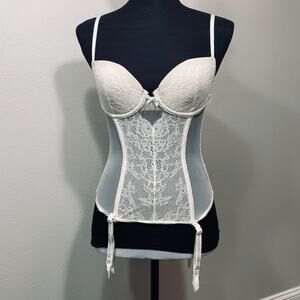Victoria's Secret Ivory Lace Bustier with Garter Straps Floral Sheer 32C